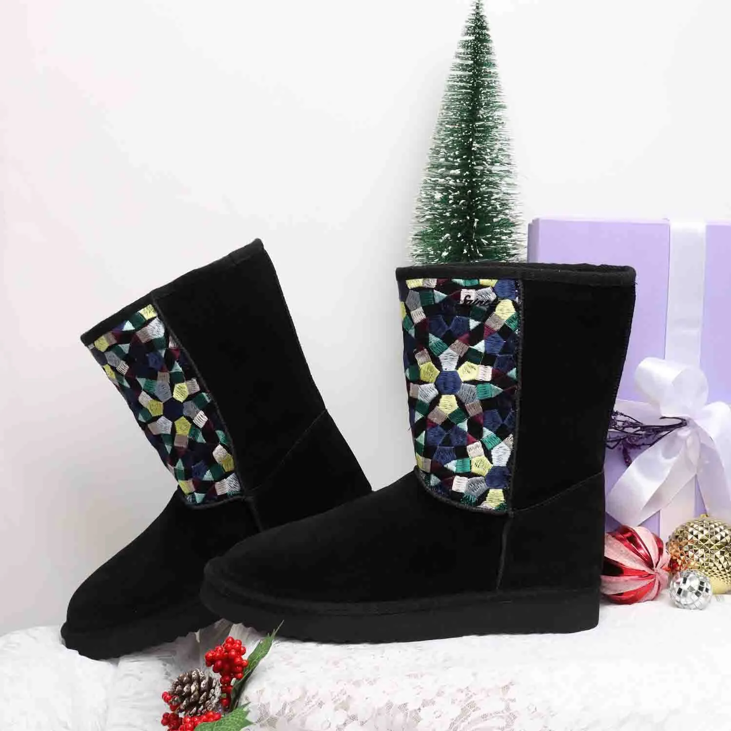 Saint Benito Multi Embroidered Black Suede Snug Boots