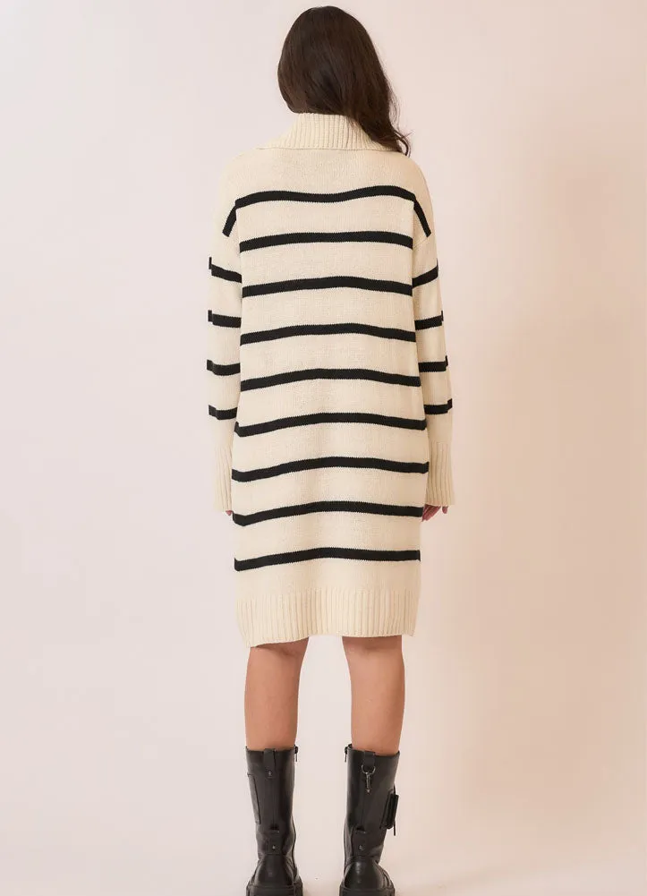 Stripe V Neck Sweater Dress in Natural by Cozy Co