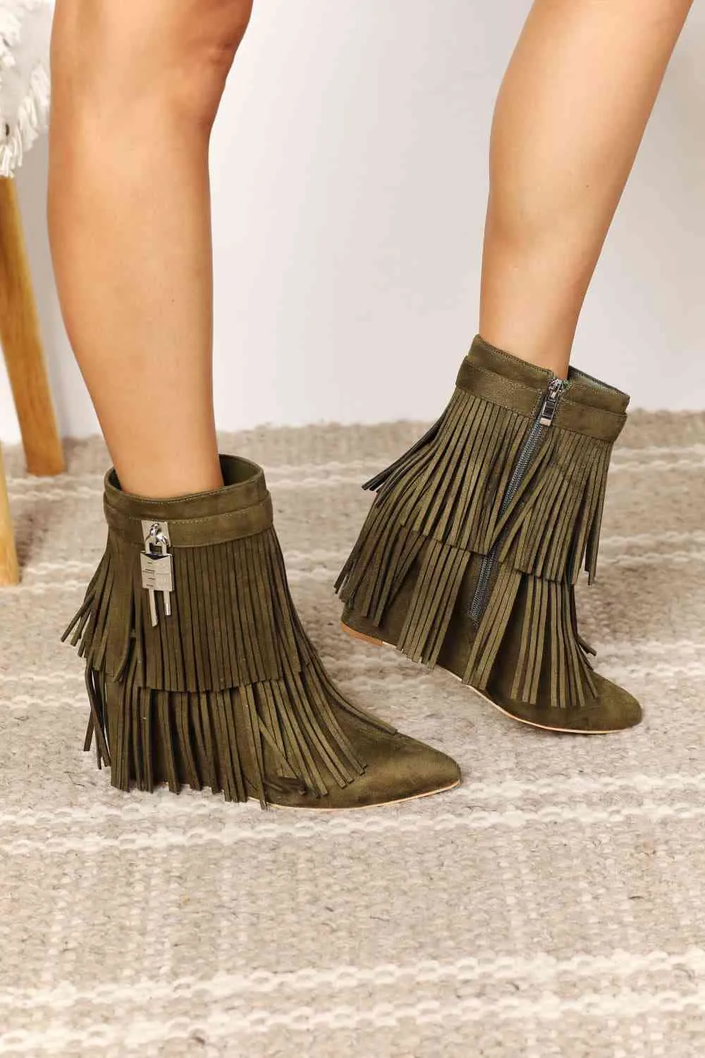 TEEK - Tassel Wedge Heel Ankle Booties | Olive