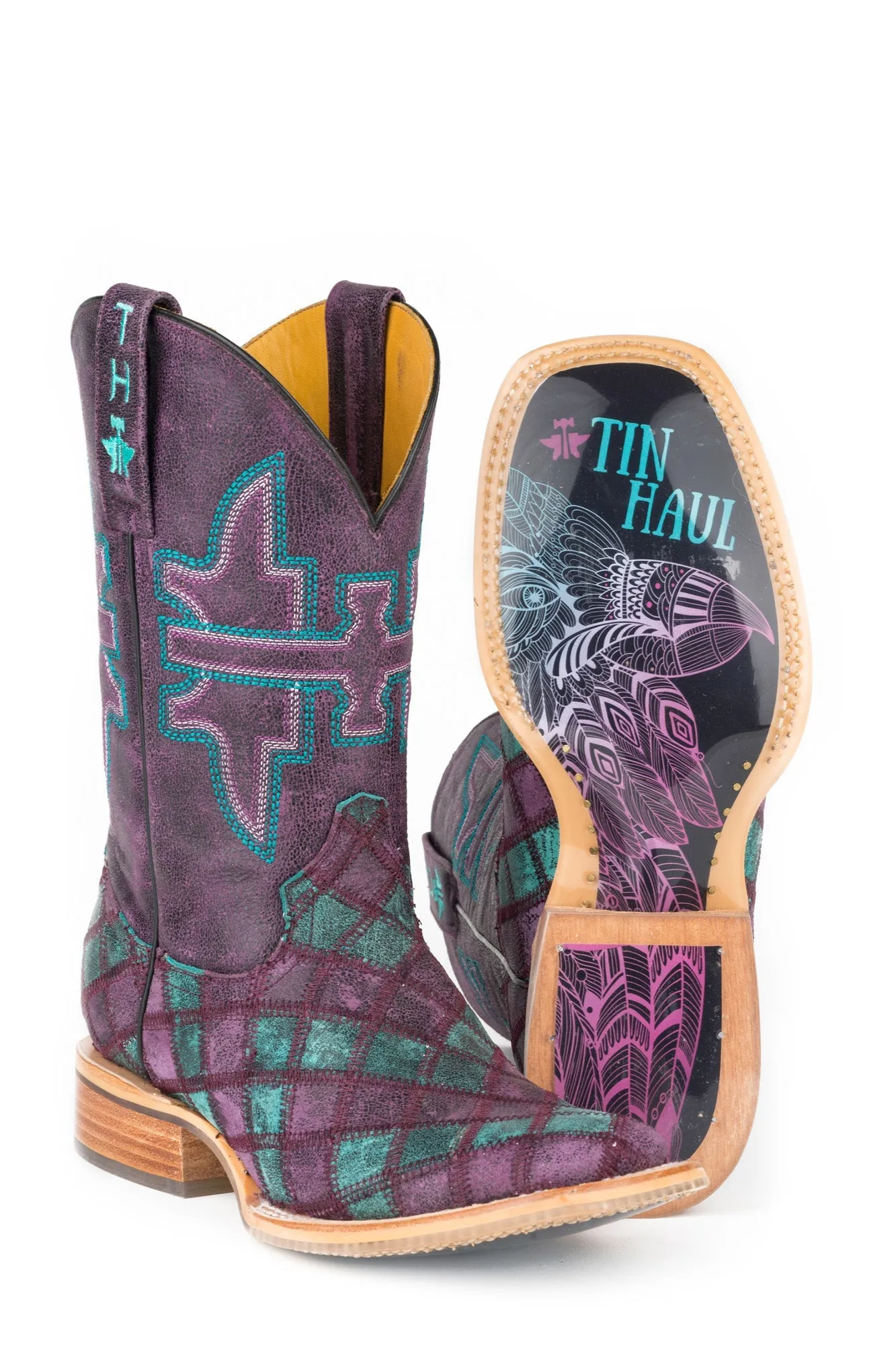 Tin Haul Womens Purple Leather Chevron Eagle Cowboy Boots